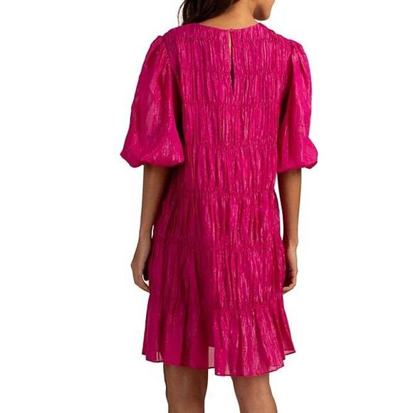 Trina Turk Silvery Metallic Tiered Short Sleeve Dress Planetary Fuchsia Pink XS - Picture 2 of 4